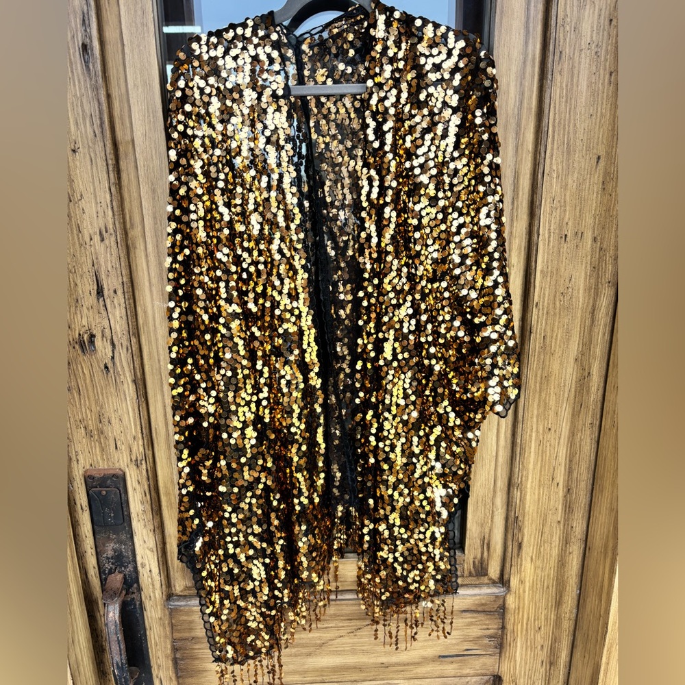 Custom Etsy order piette gold black sequin fringe dolman kimono XL